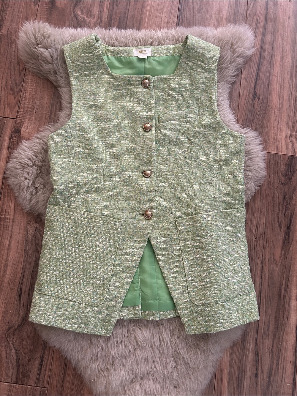 Maeve by Anthropologie Light Green Tweed Women’s Vest with Gold Buttons